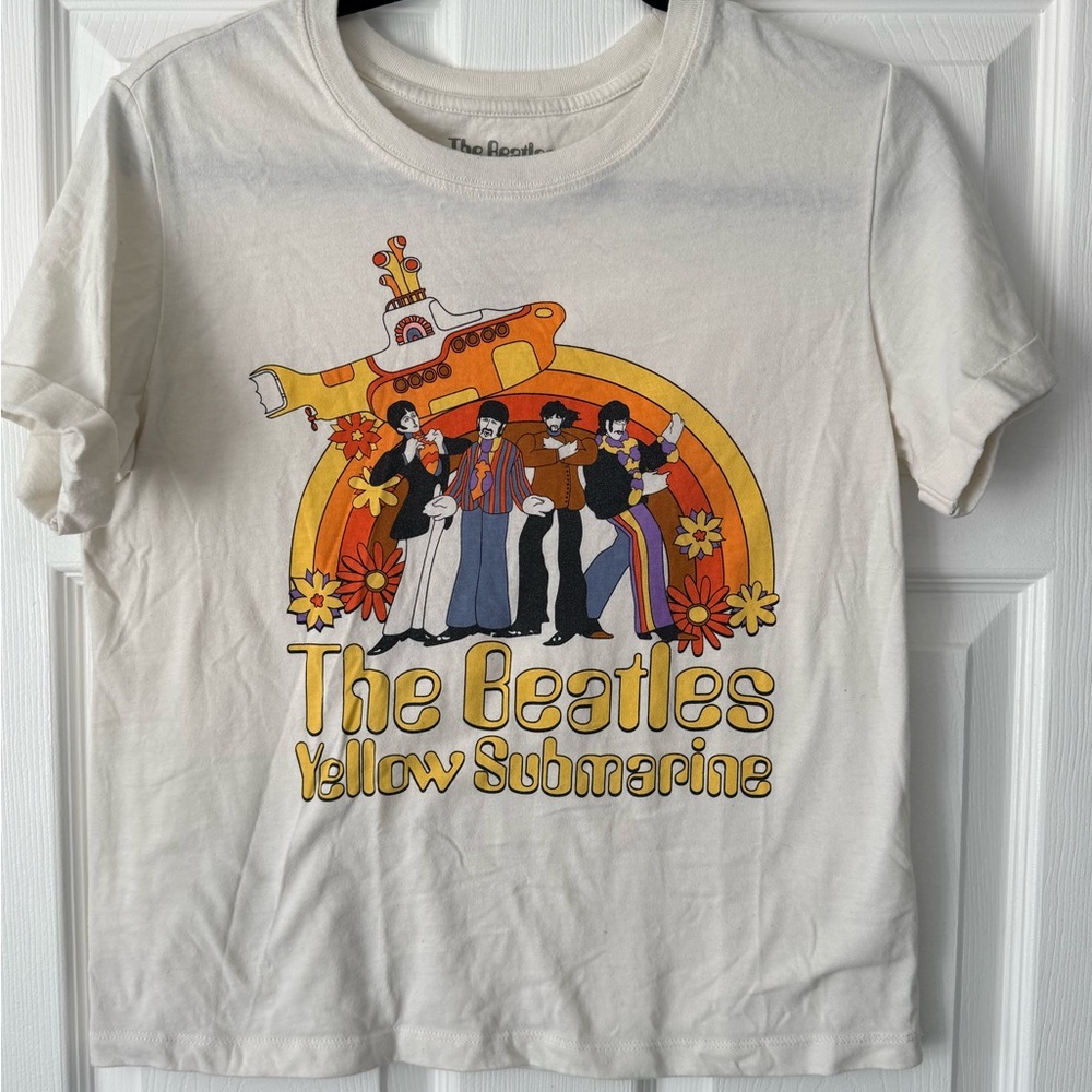 The Beatles White Tee with Yellow Submarine Rainbow Graphic